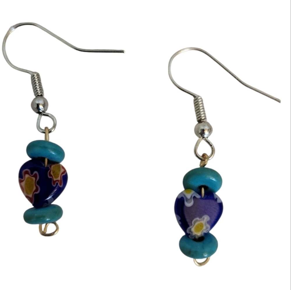 Natural Blue Turquoise Heishi & Millefiori Glass Heart Earrings